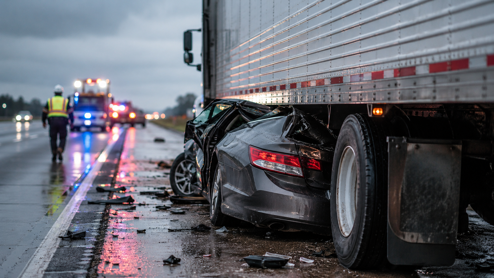 Semi-truck collision scene involving motor vehicle accidents, liability evidence, severe injury, damages, and compensation exposure.