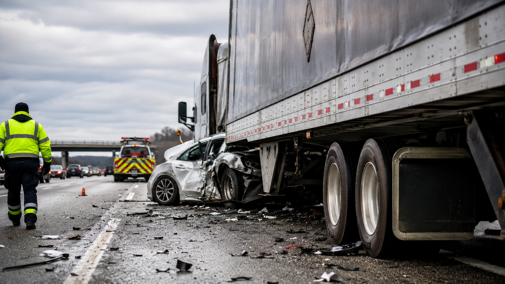 Wide truck crash response showing fault investigation, claim evidence, attorney strategy, recovery planning, and settlement risk.